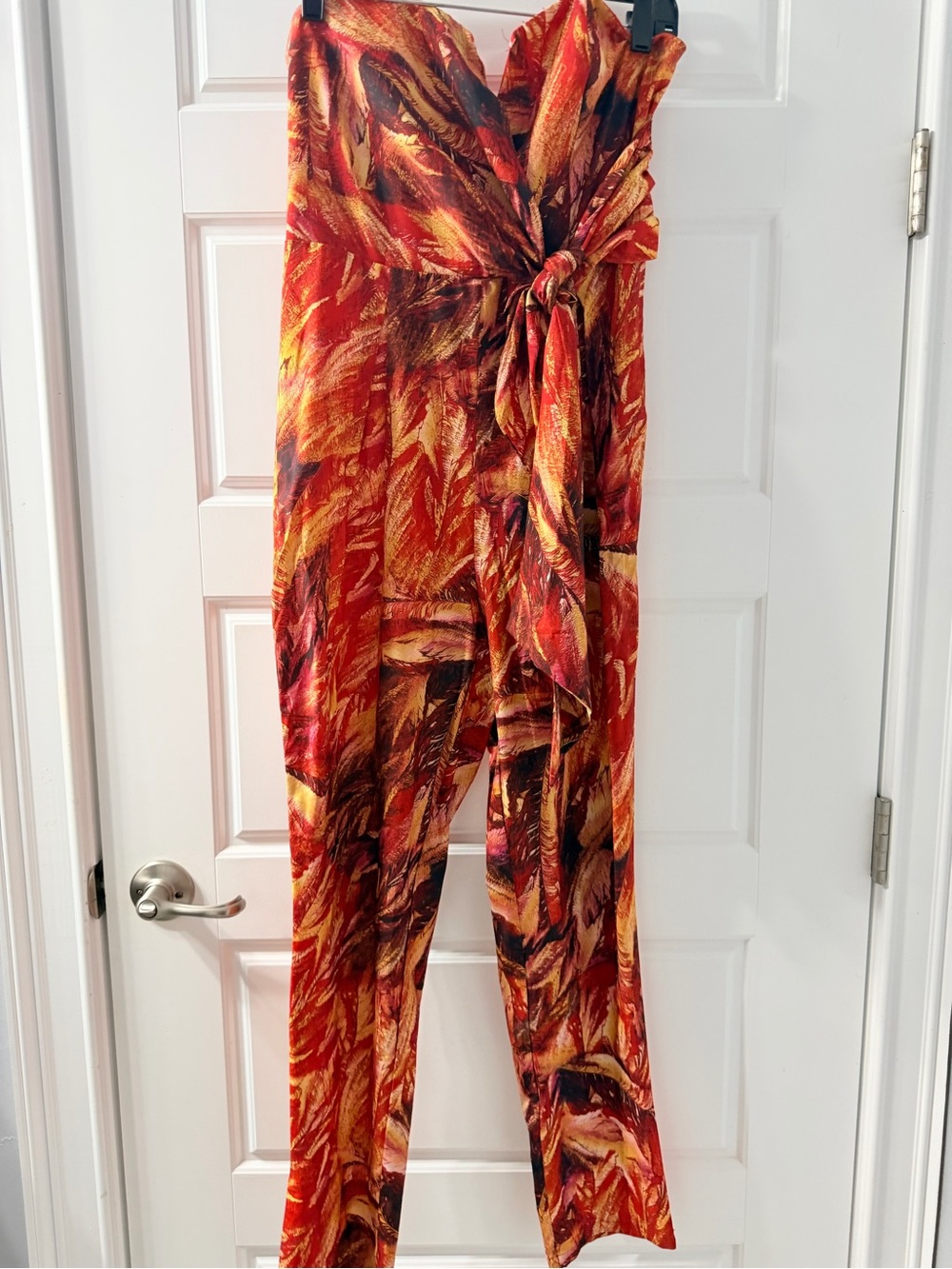 Strapless Tie-Front Jumpsuit in Red & Gold Abstract Print